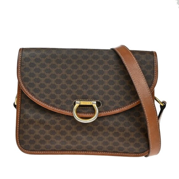 CELINE Logo Macadam Pattern Shoulder Bag PVC Leather Brown GHW 05YH782 - Picture 1 of 16